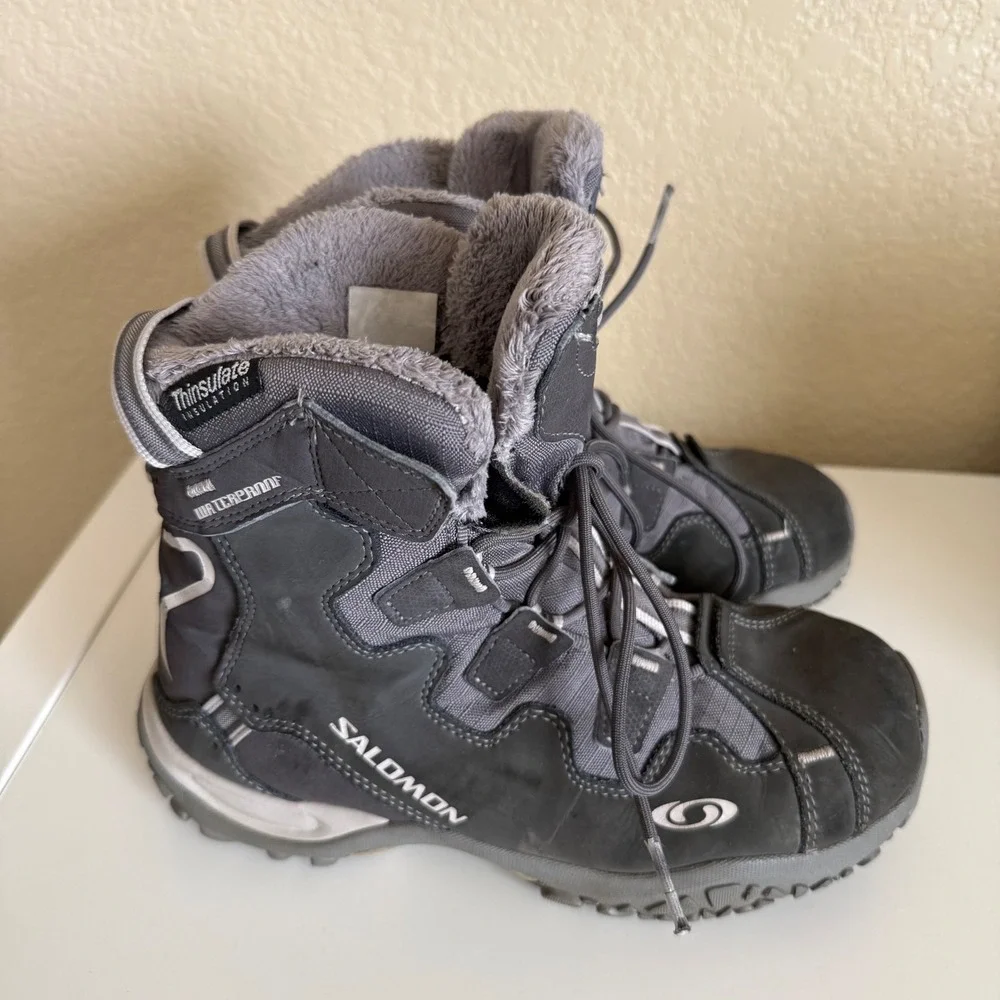 Salomon Winter Boots Women Size 6.5 Grey Waterproof Thinsulate ‎ Insulated Fur